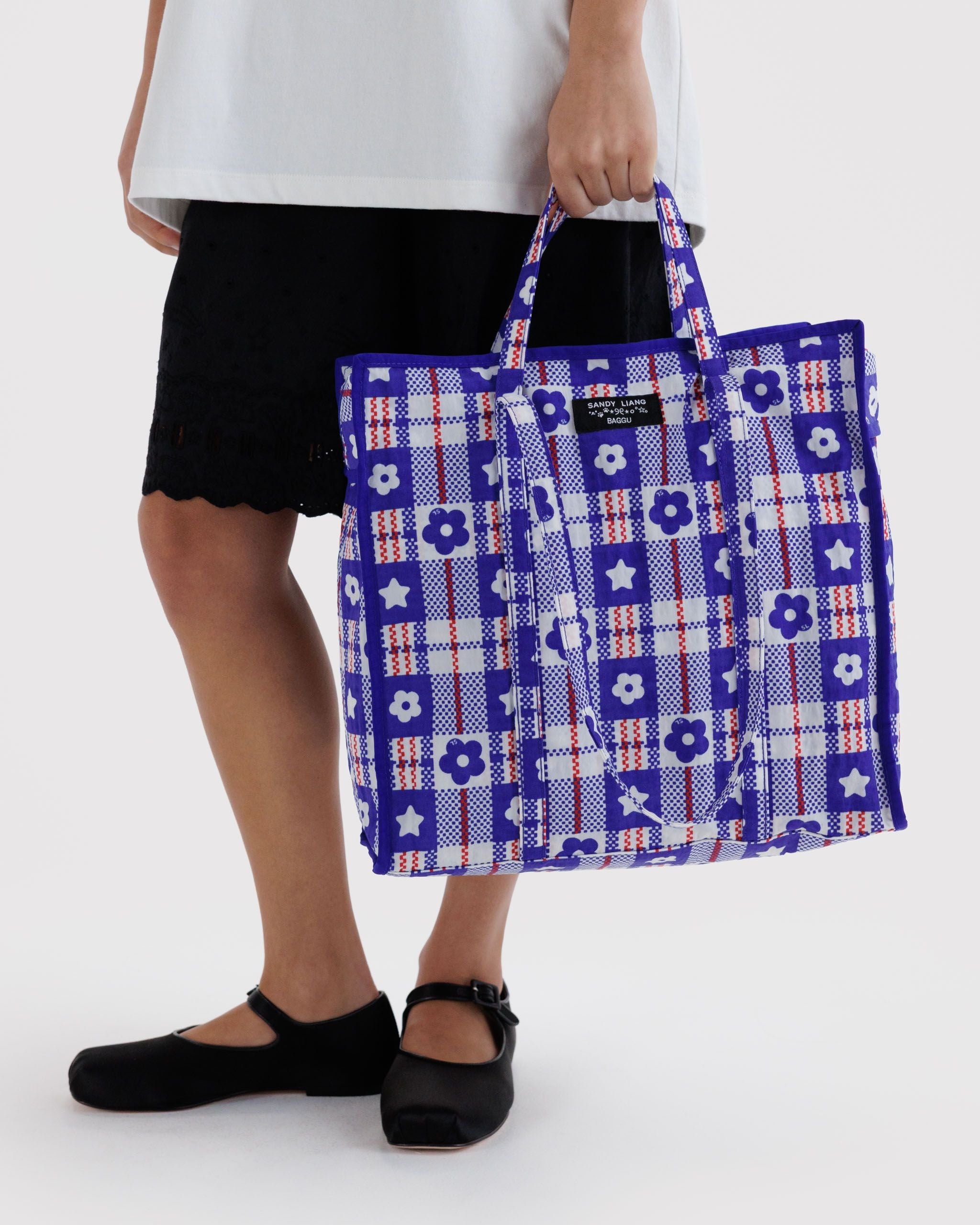 Large Nylon Market Bag in Market Plaid Blue - Reusable Everyday Carry