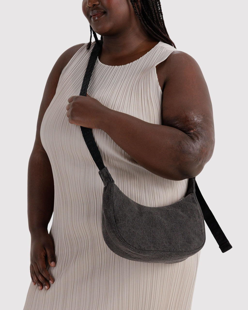 Small Denim Crescent Bag in Washed Black Denim