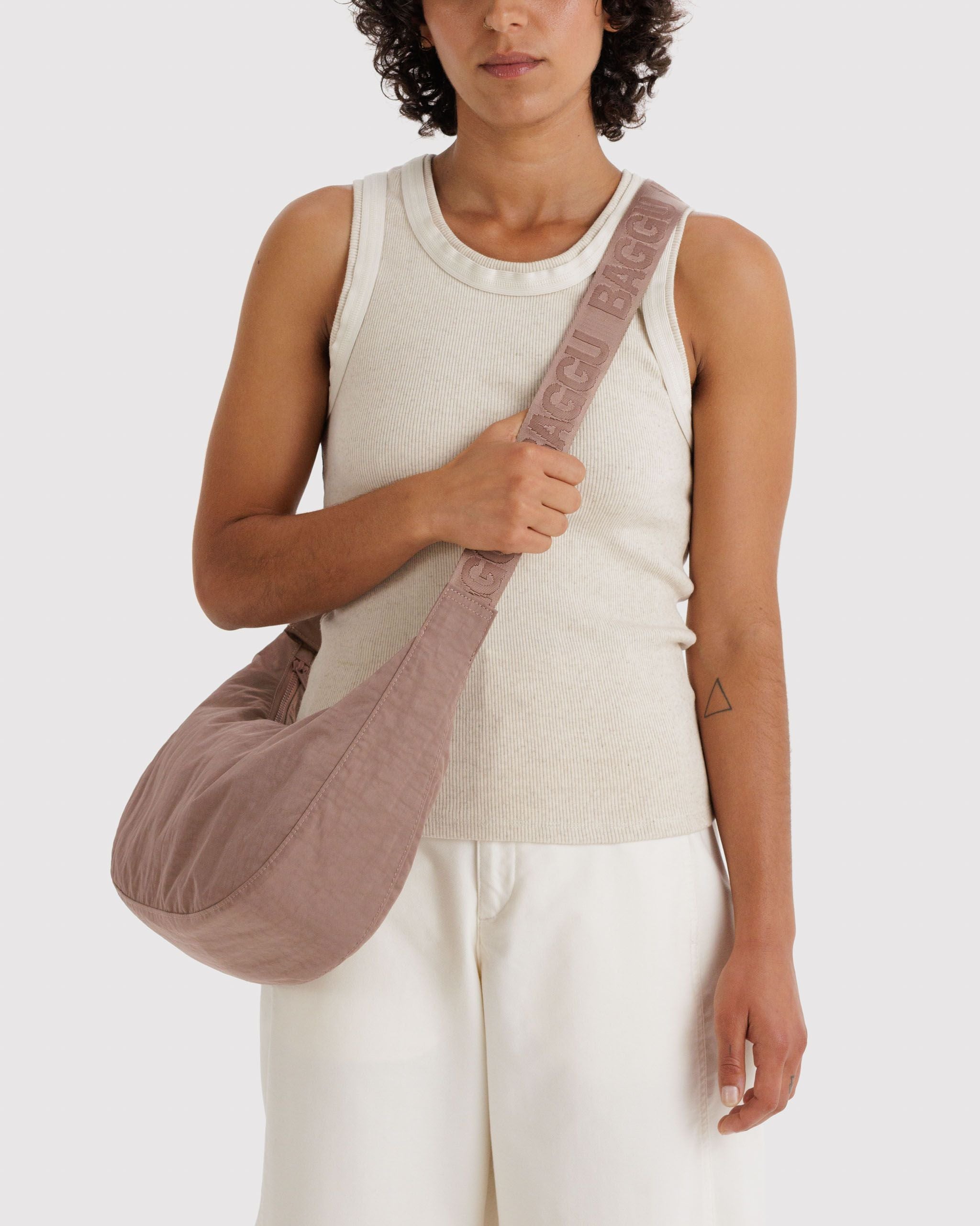 Medium Nylon Crescent Bag in Toasted Almond