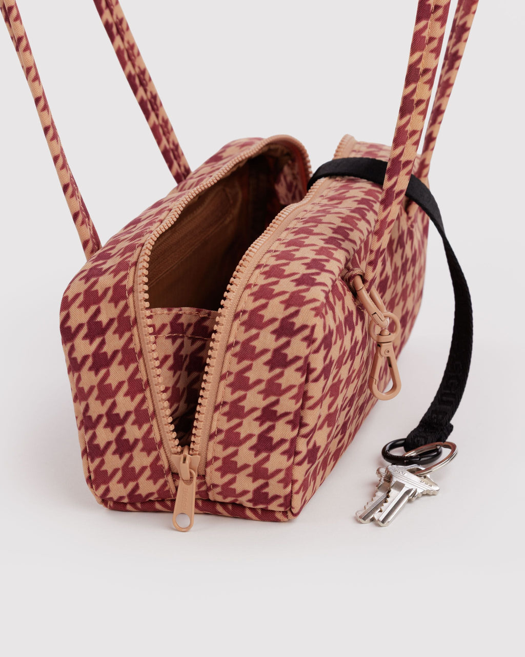 Small Nylon Bowler Bag in Tan Houndstooth - Hands Free Everyday Carry