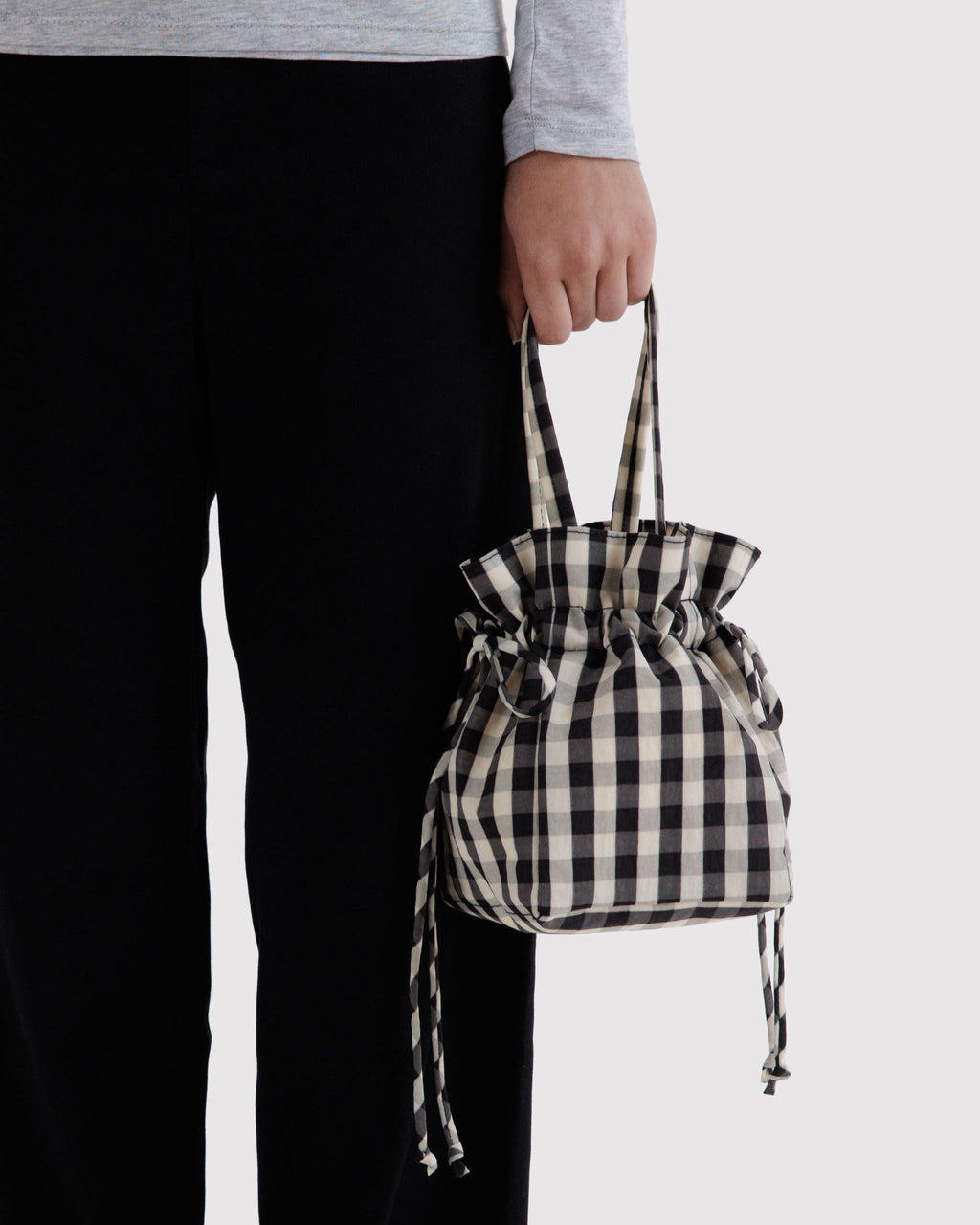 Nylon Drawstring Bag in Black and Cream Gingham