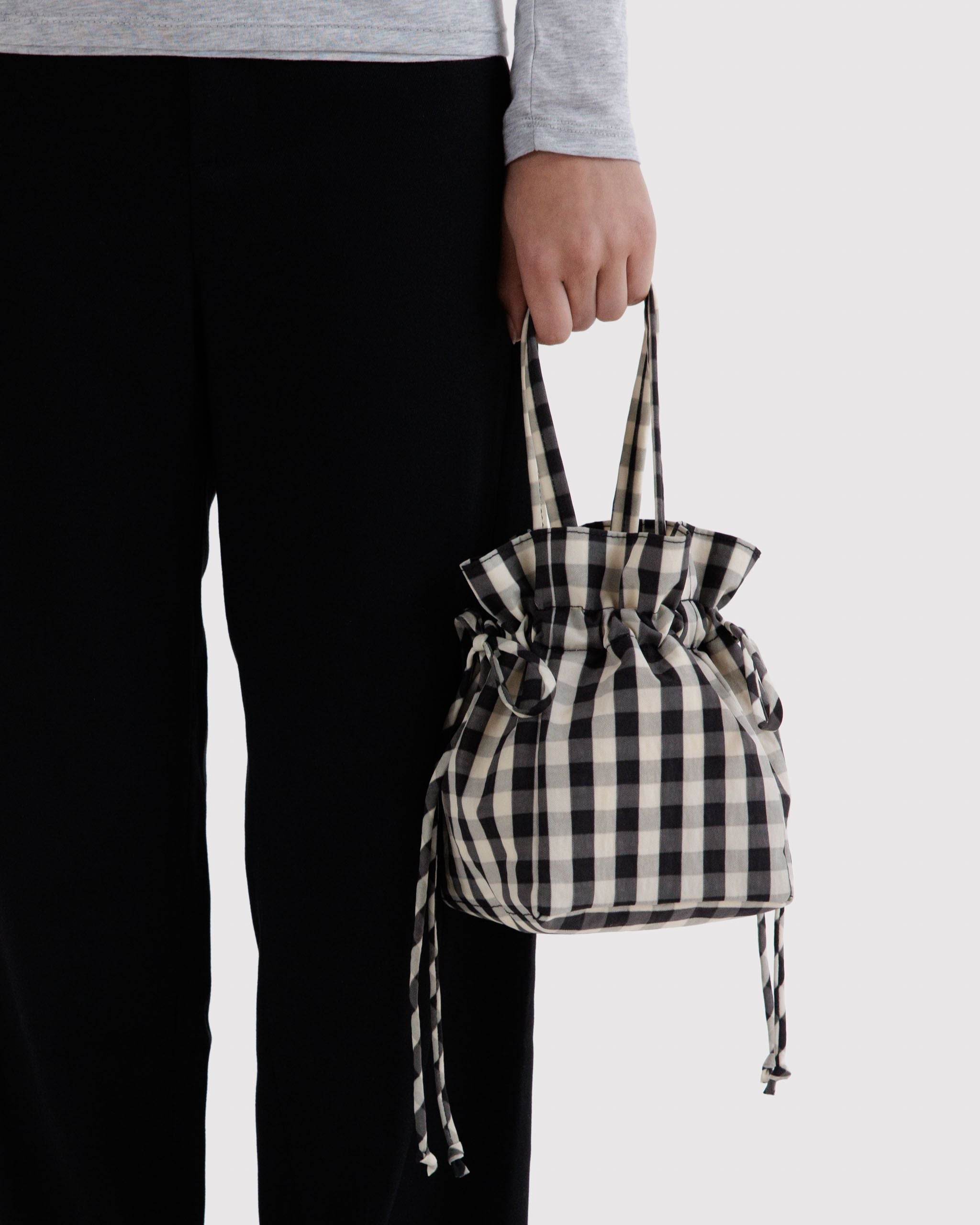 Nylon Drawstring Bag in Black and Cream Gingham