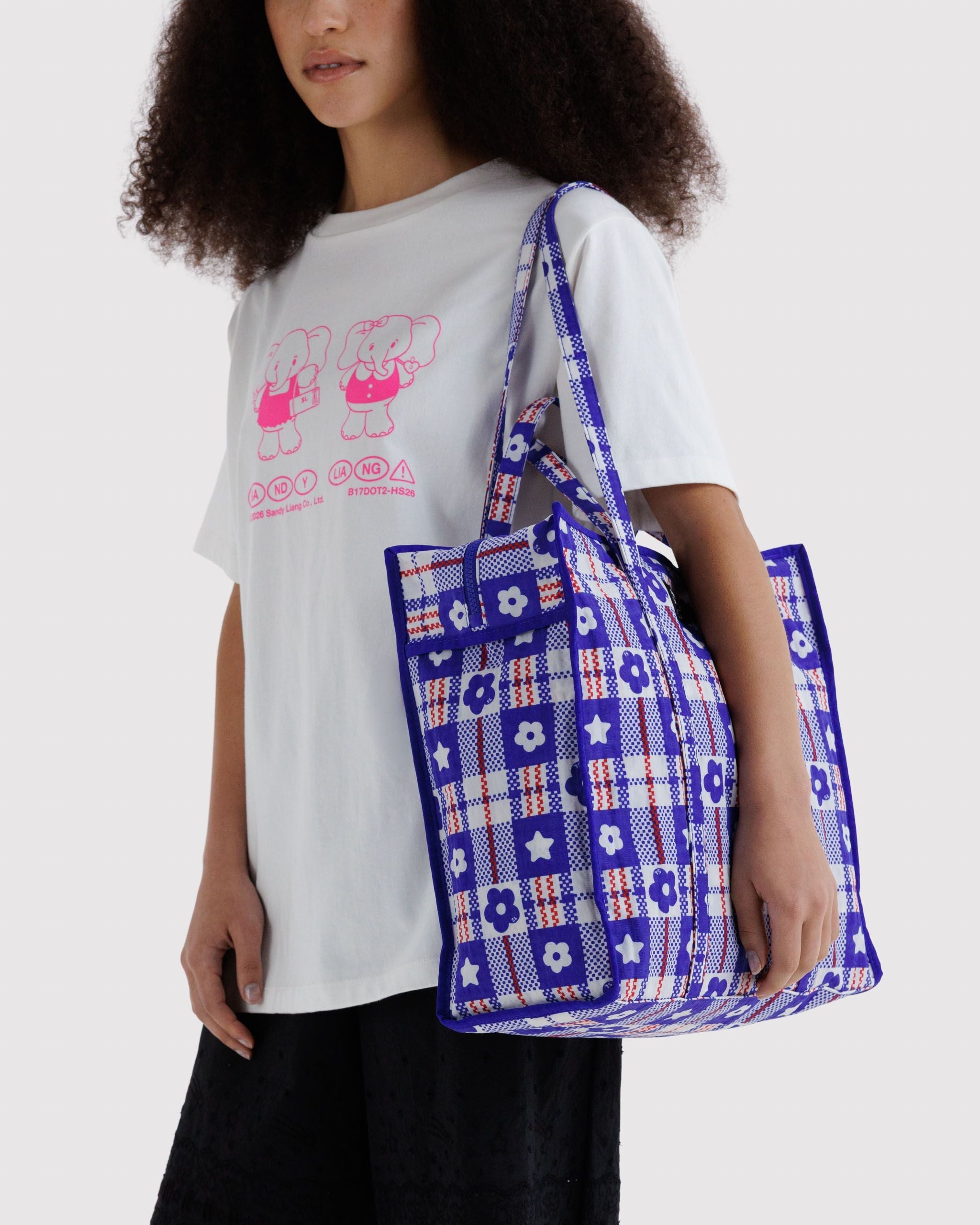 Large Nylon Market Bag in Market Plaid Blue - Reusable Everyday Carry