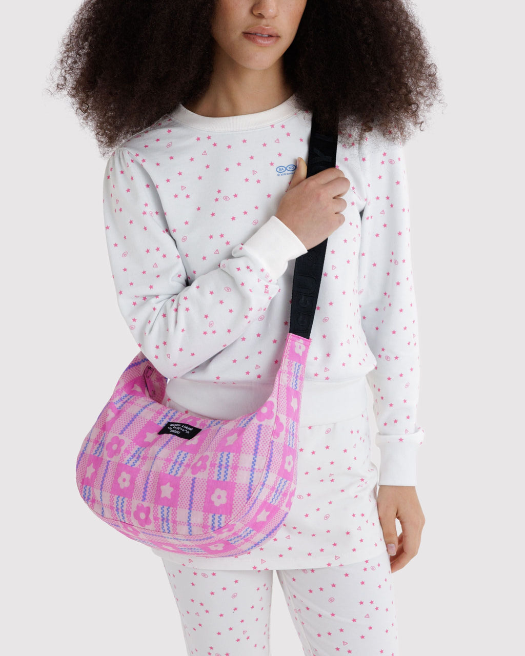 Medium Nylon Crescent Bag in Market Plaid Pink