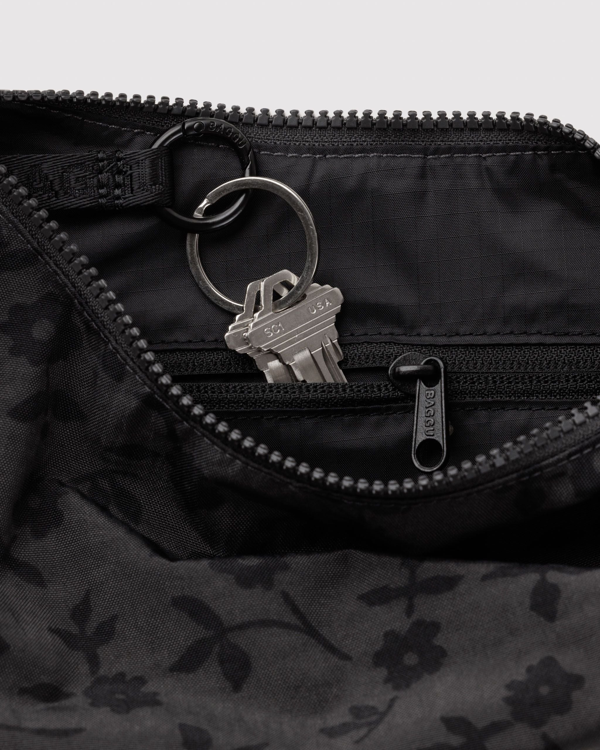Small Nylon Crescent Bag in Charcoal Ditsy Floral