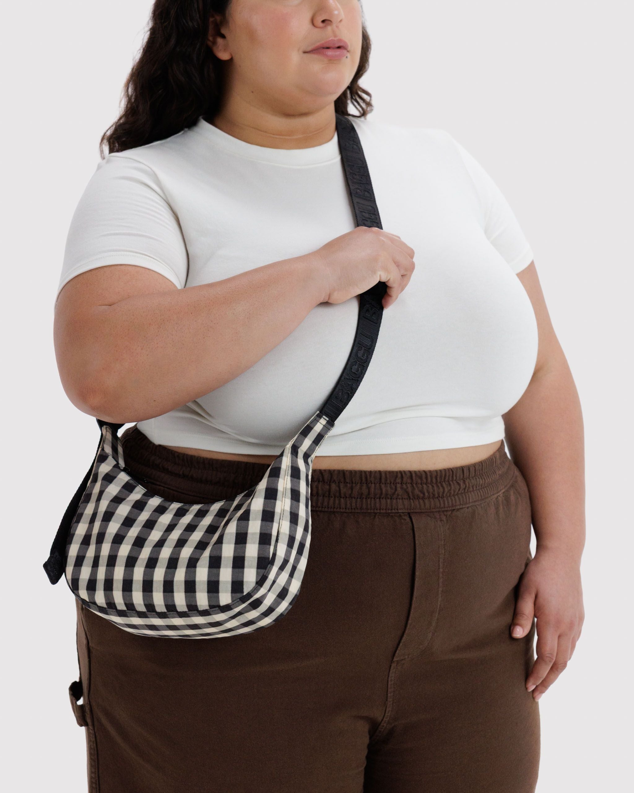 Small Nylon Crescent Bag in Black and Cream Gingham