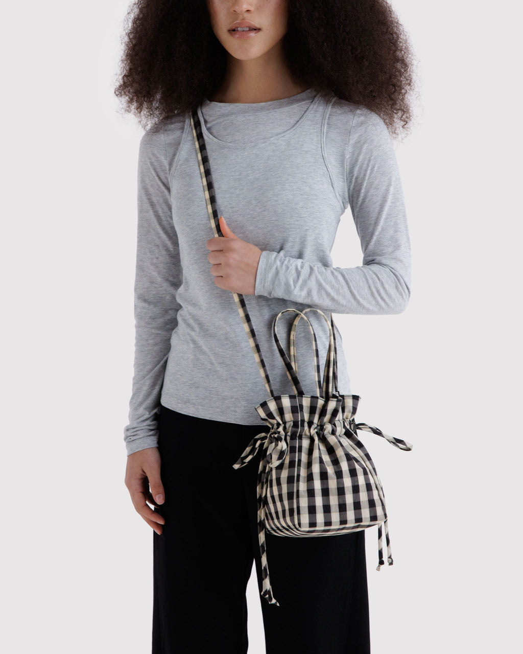 Nylon Drawstring Bag in Black and Cream Gingham