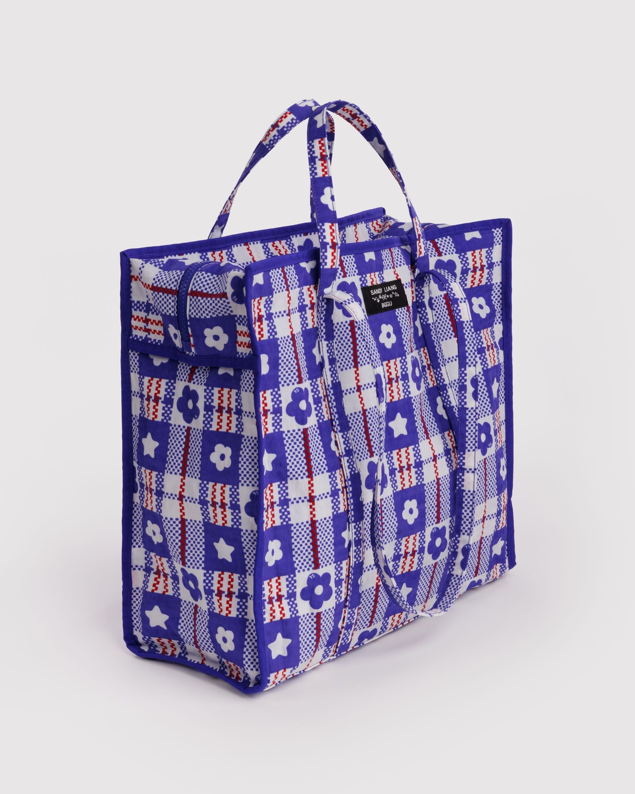 Large Nylon Market Bag in Market Plaid Blue - Reusable Everyday Carry