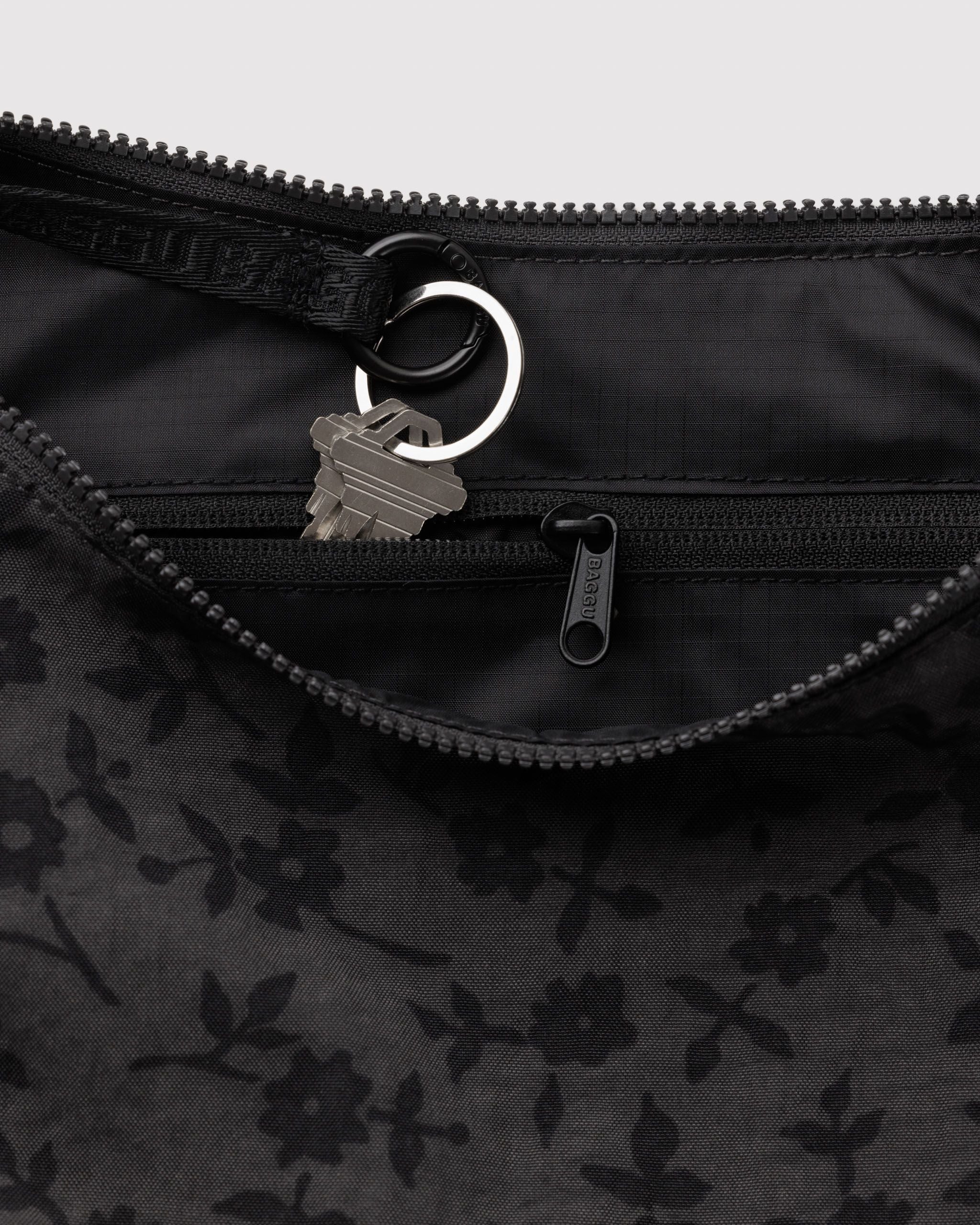 Medium Nylon Crescent Bag in Charcoal Ditsy Floral