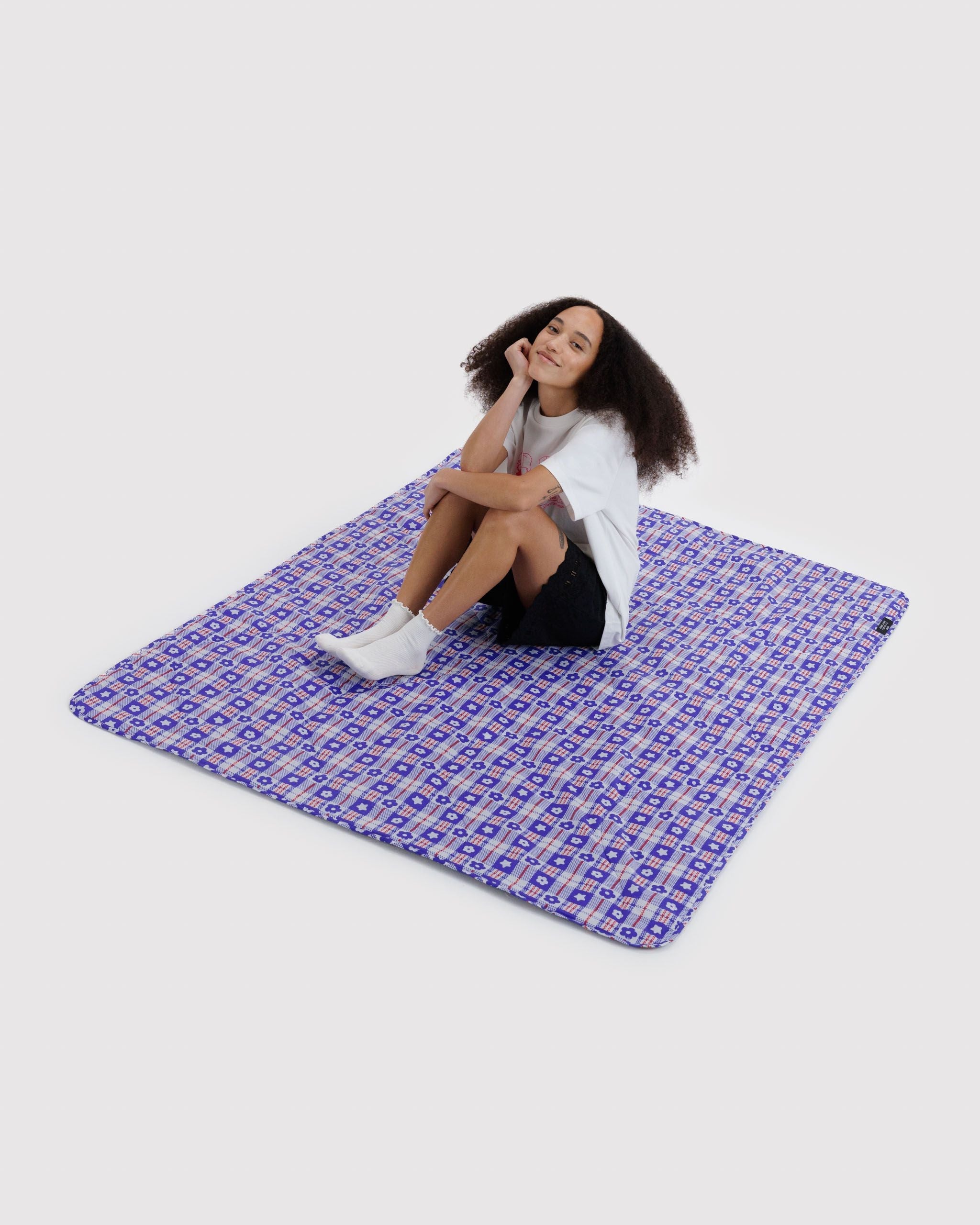 Puffy Picnic Blanket in Market Plaid Blue