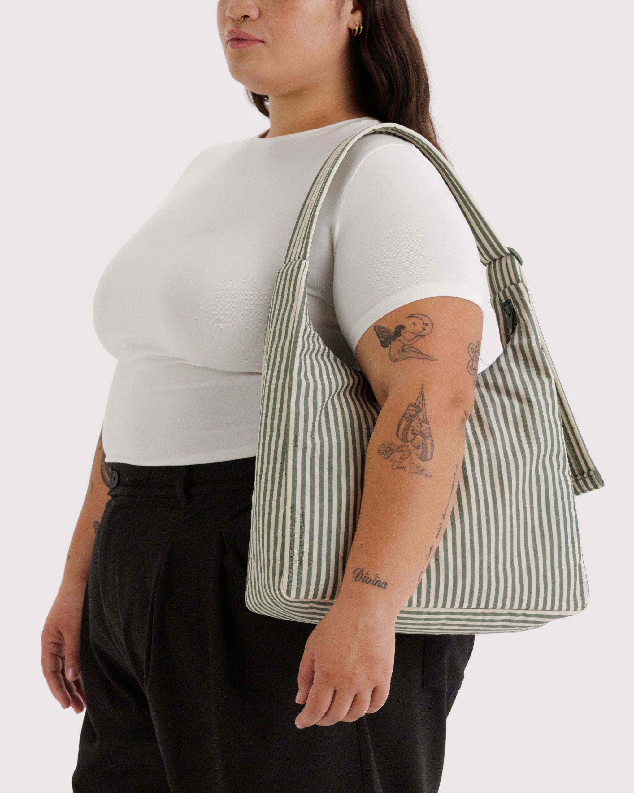 Nylon Shoulder Bag in Sage Stripe - Hands Free Everyday Carry