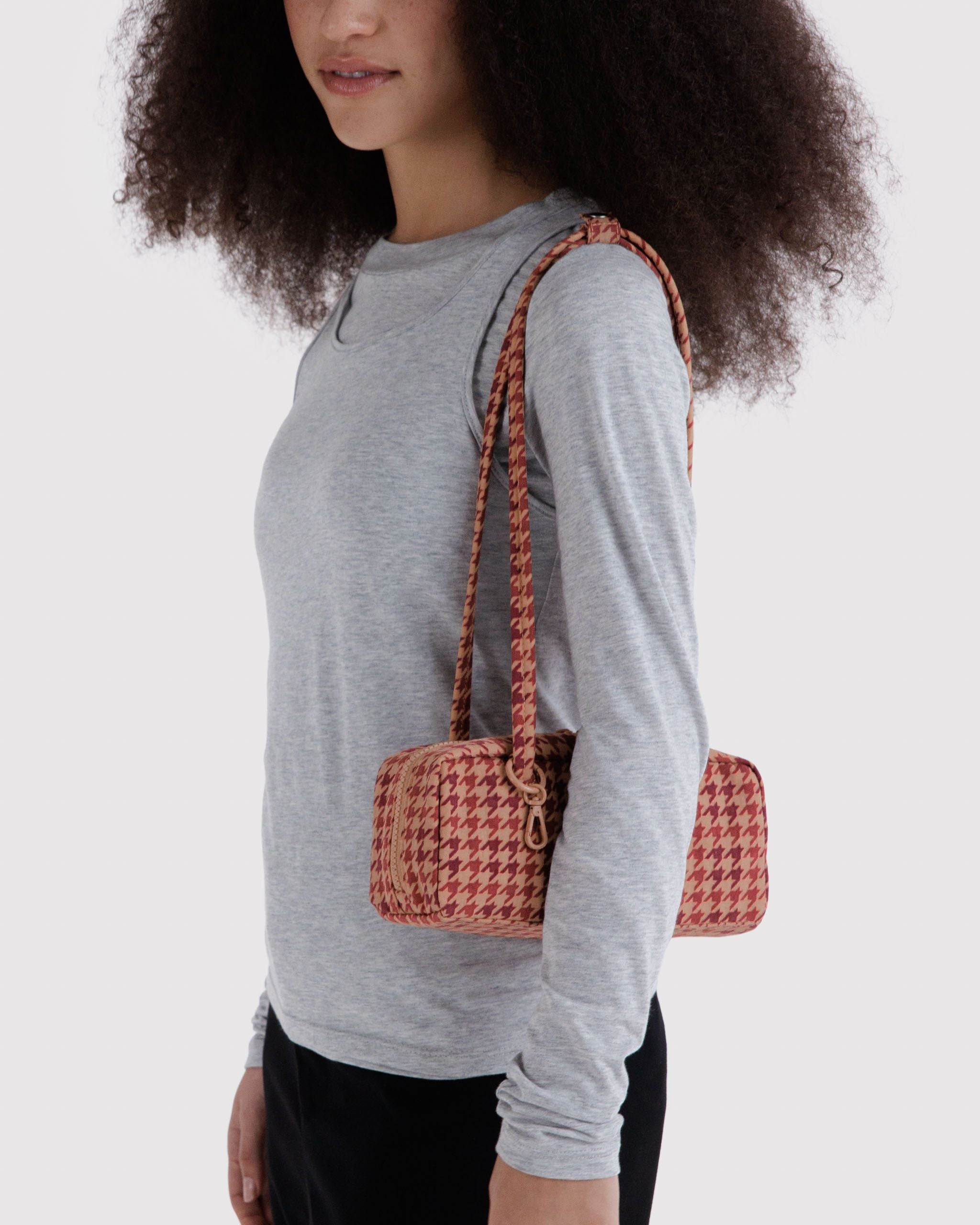 Small Nylon Bowler Bag in Tan Houndstooth - Hands Free Everyday Carry