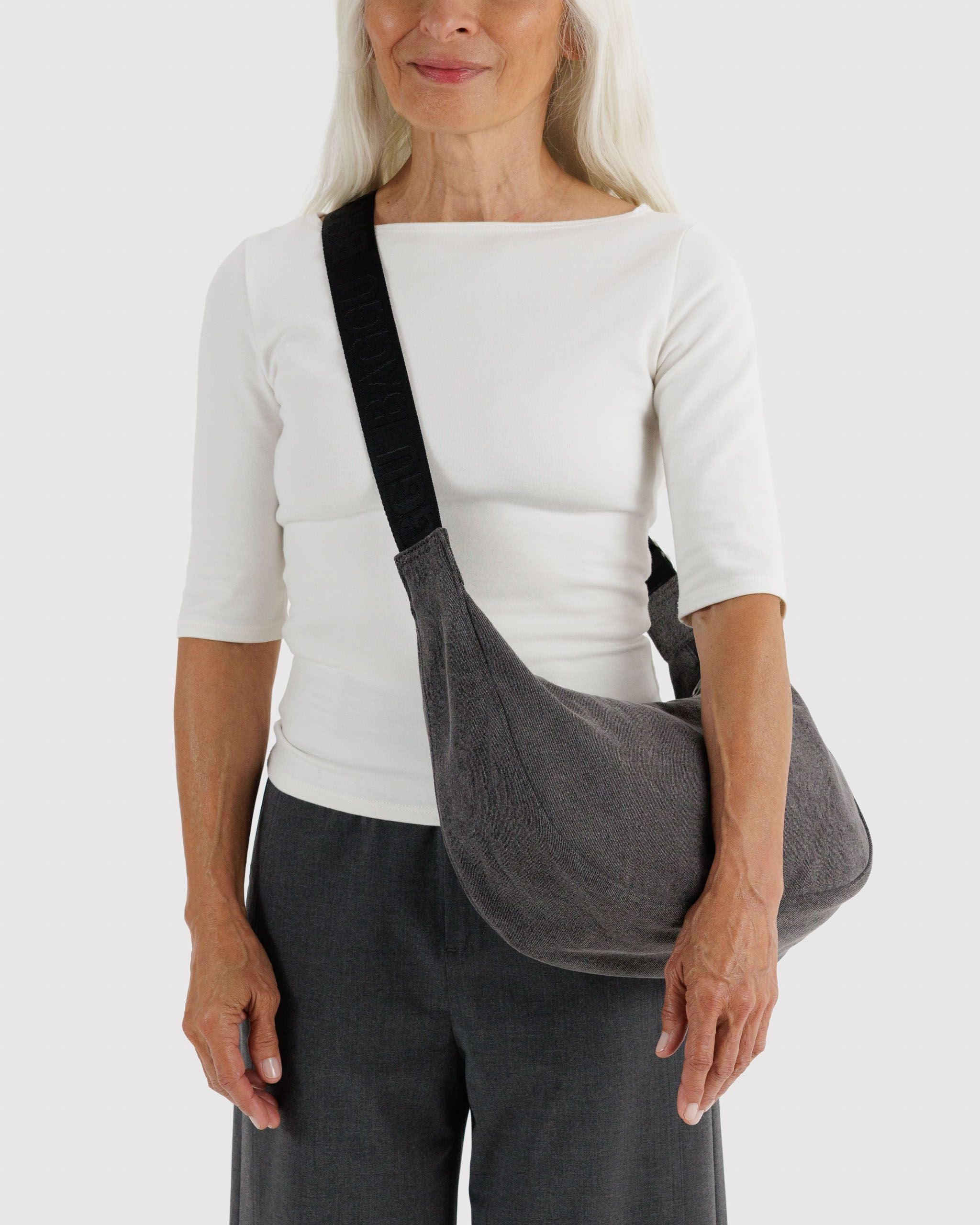 Medium Denim Crescent Bag in Washed Black Denim