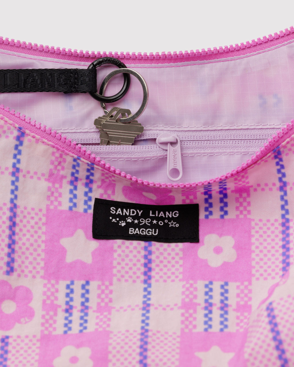 Medium Nylon Crescent Bag in Market Plaid Pink