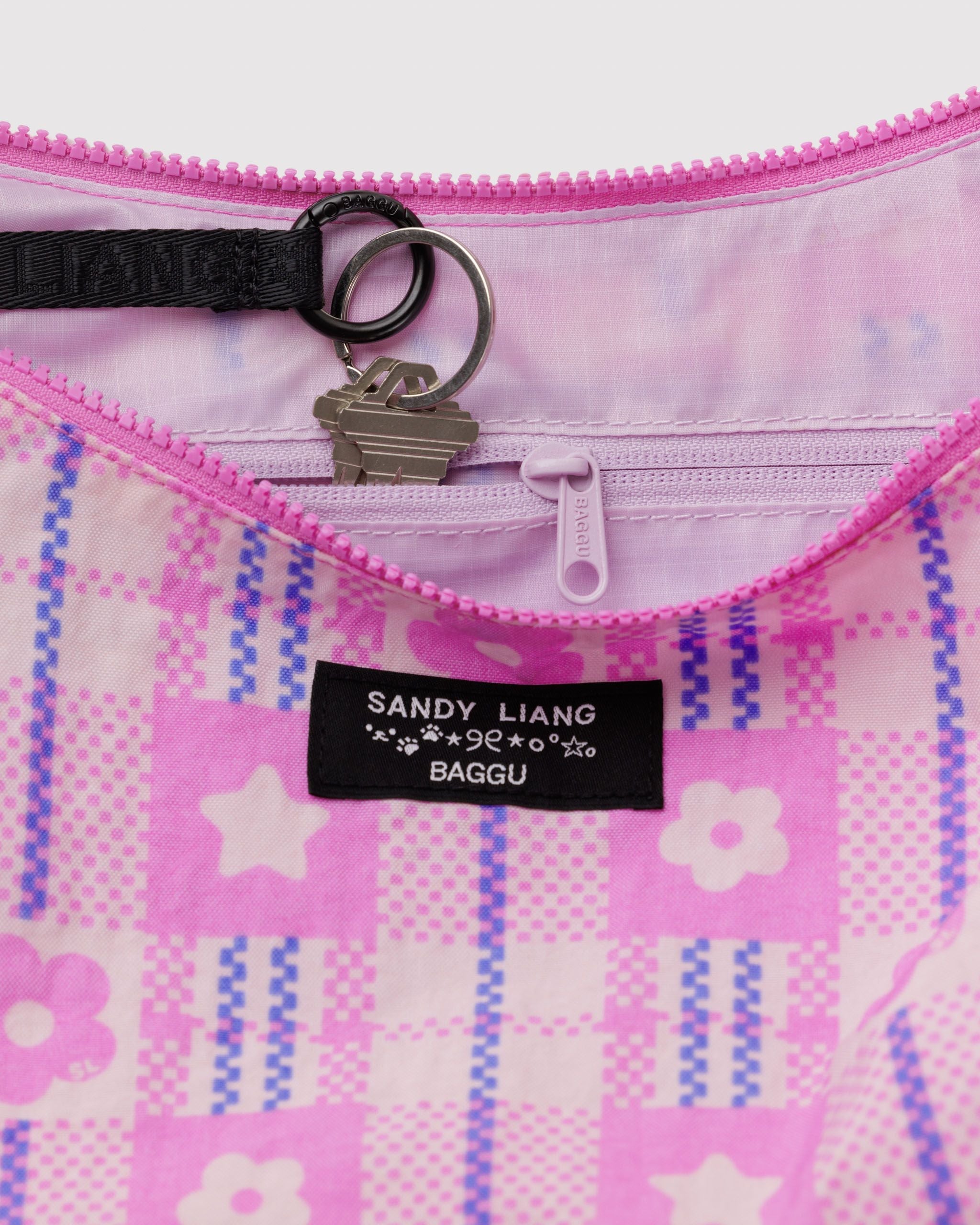 Medium Nylon Crescent Bag in Market Plaid Pink