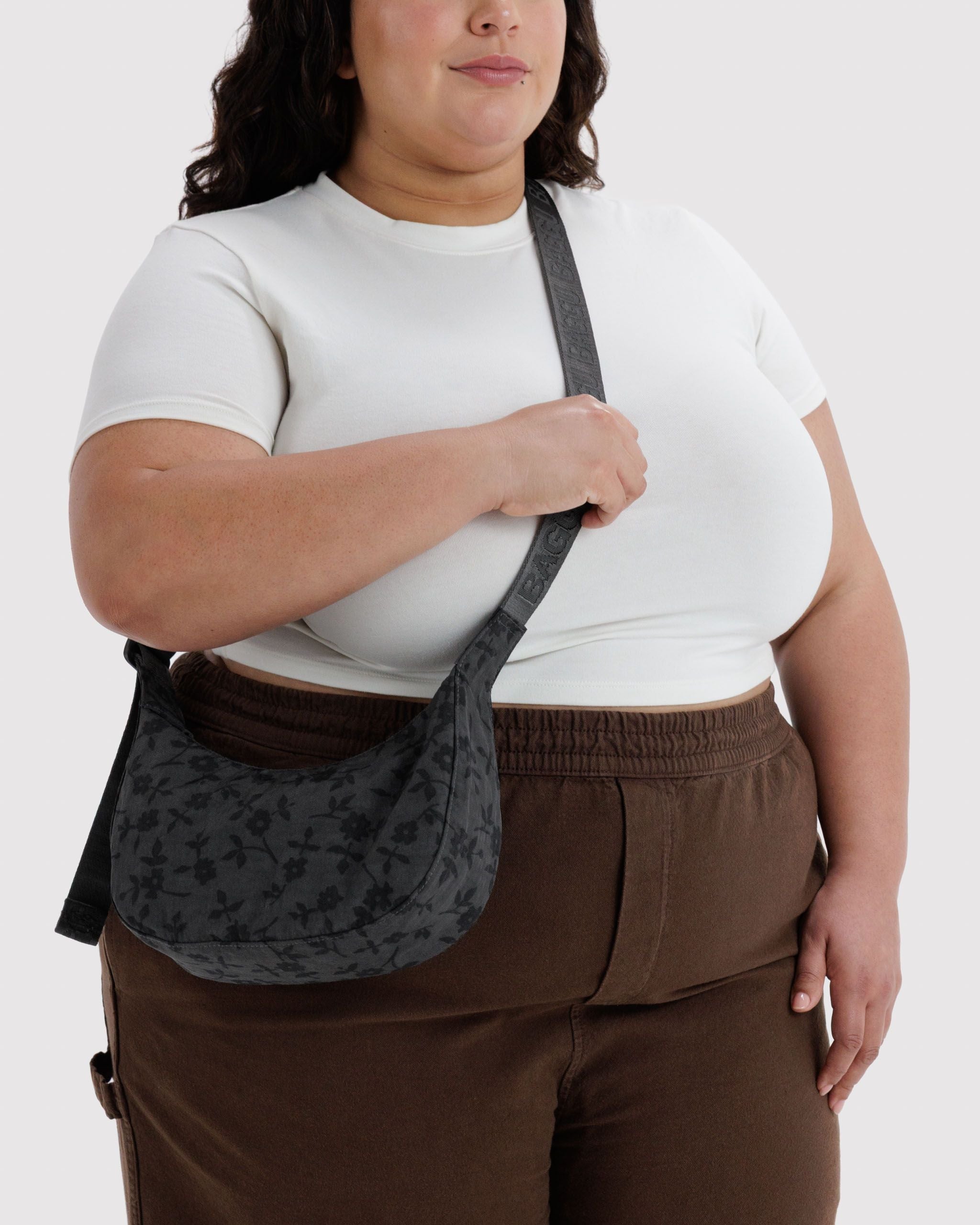 Small Nylon Crescent Bag in Charcoal Ditsy Floral