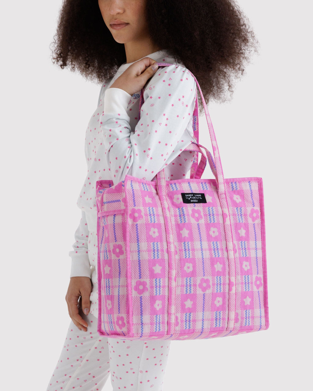 Large Nylon Market Bag in Market Plaid Pink - Reusable Everyday Carry