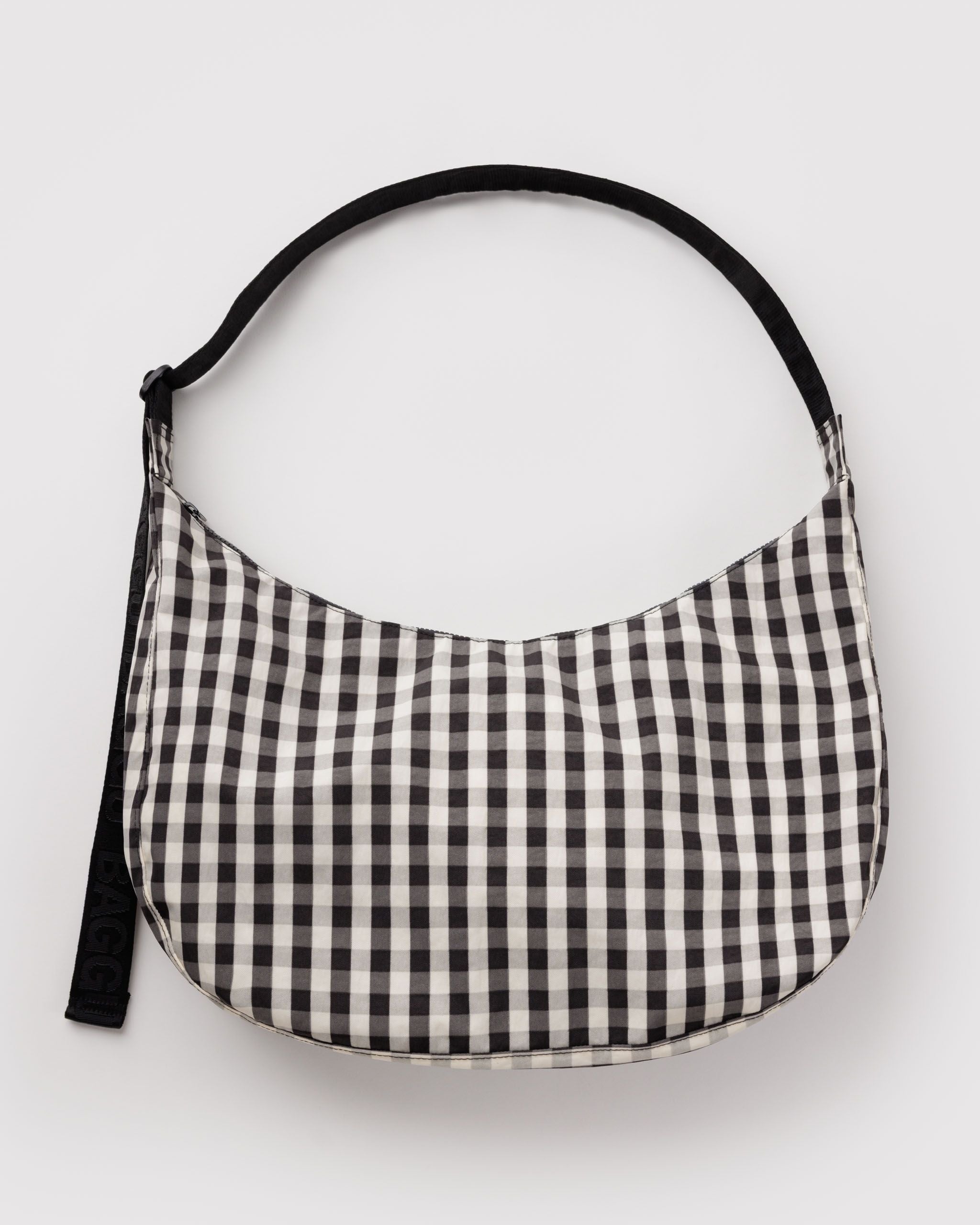 Large Nylon Crescent Bag - Black And Cream Gingham
