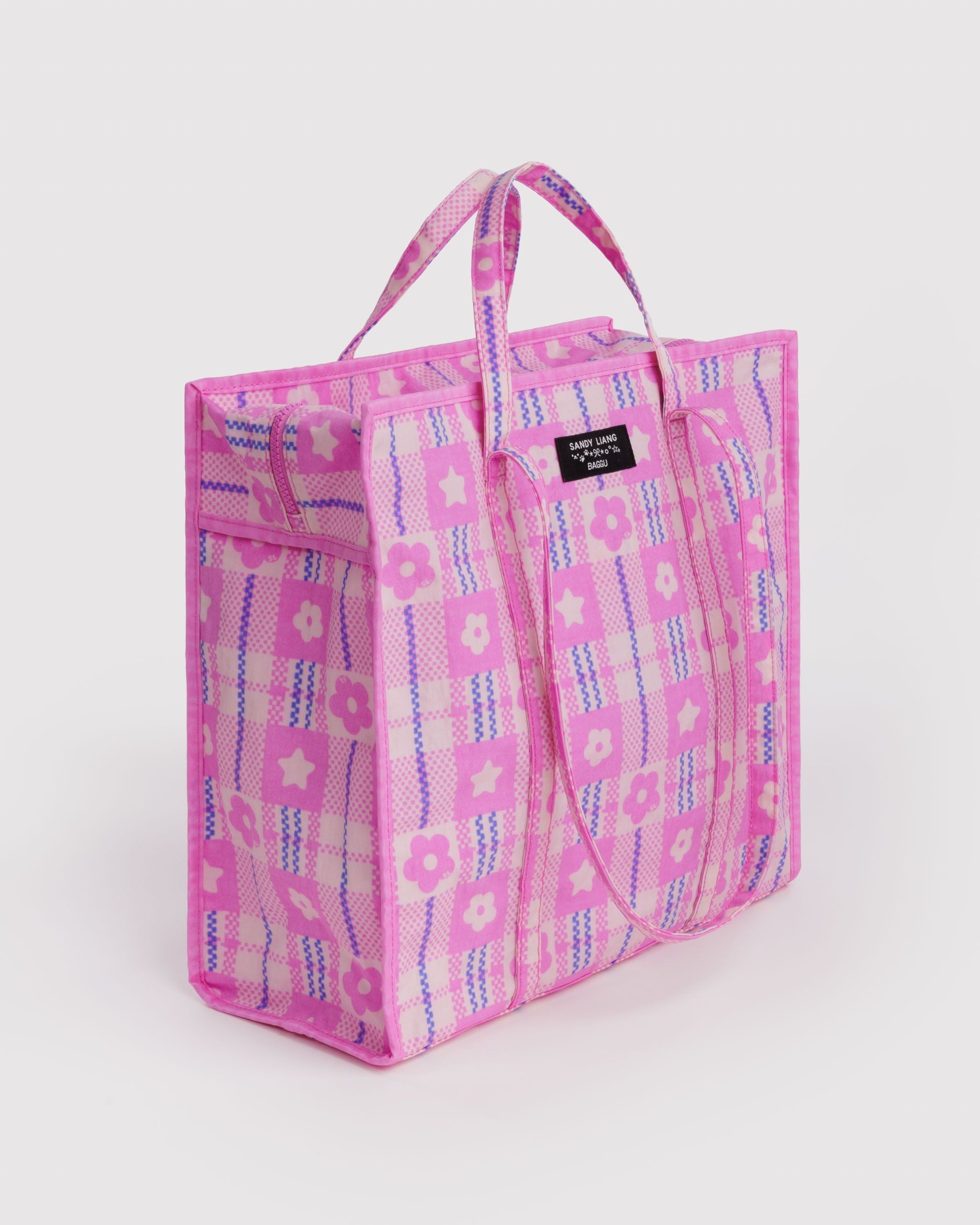 Large Nylon Market Bag in Market Plaid Pink - Reusable Everyday Carry