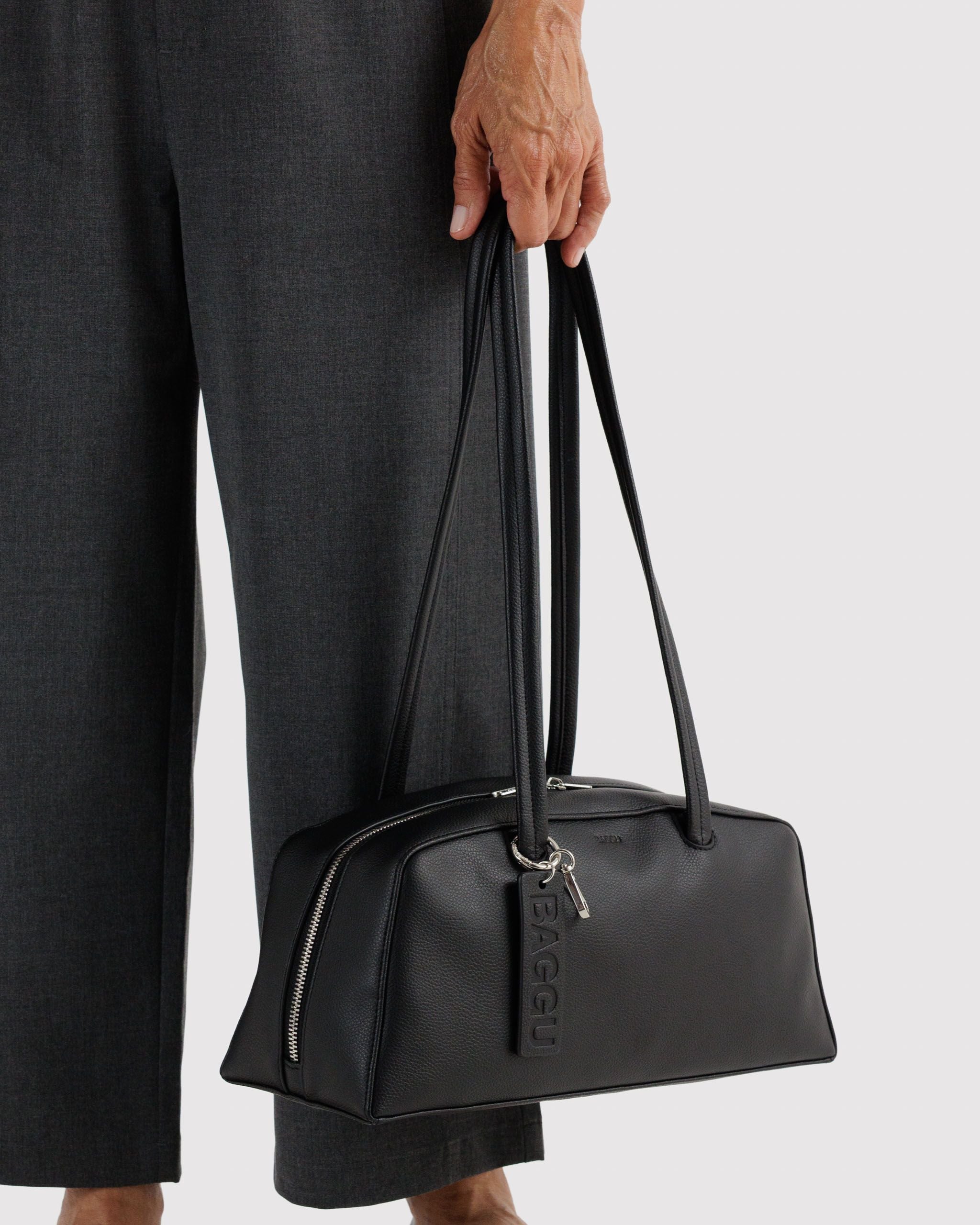 Recycled Leather Bowler Bag in Black - Hands Free Everyday Carry