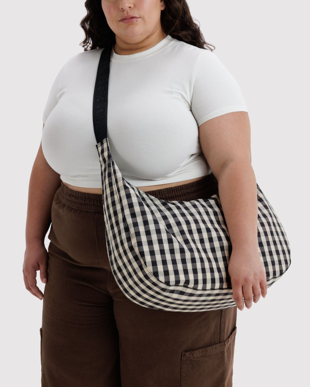 Large Nylon Crescent Bag in Black and Cream Gingham
