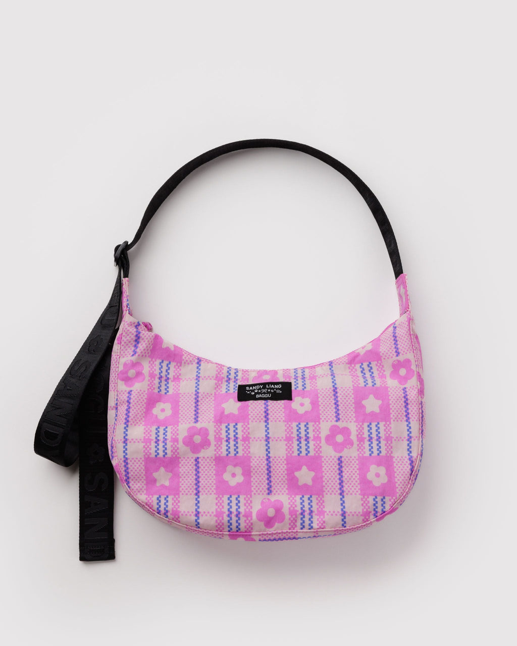 Medium Nylon Crescent Bag - Market Plaid Pink