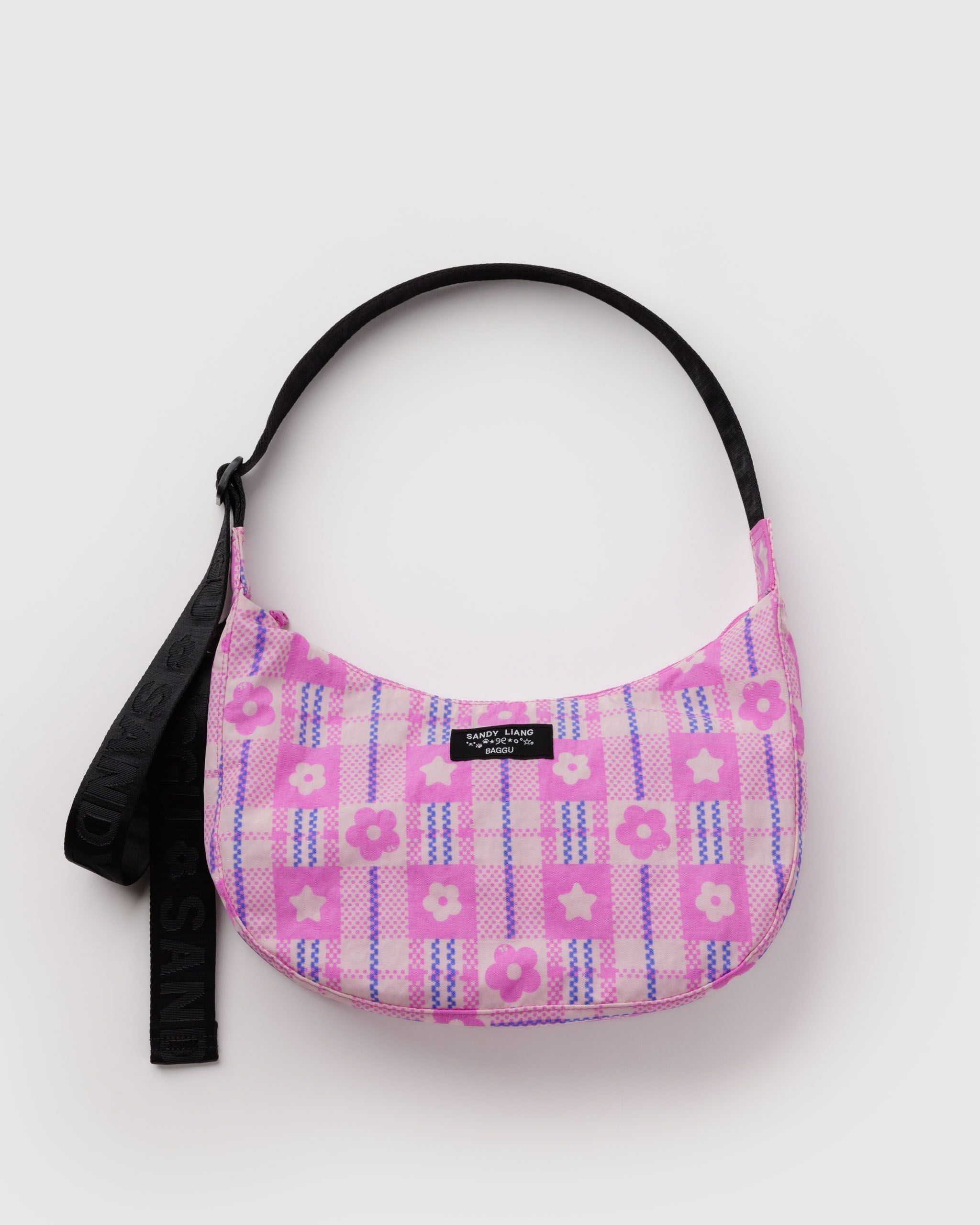 Medium Nylon Crescent Bag - Market Plaid Pink