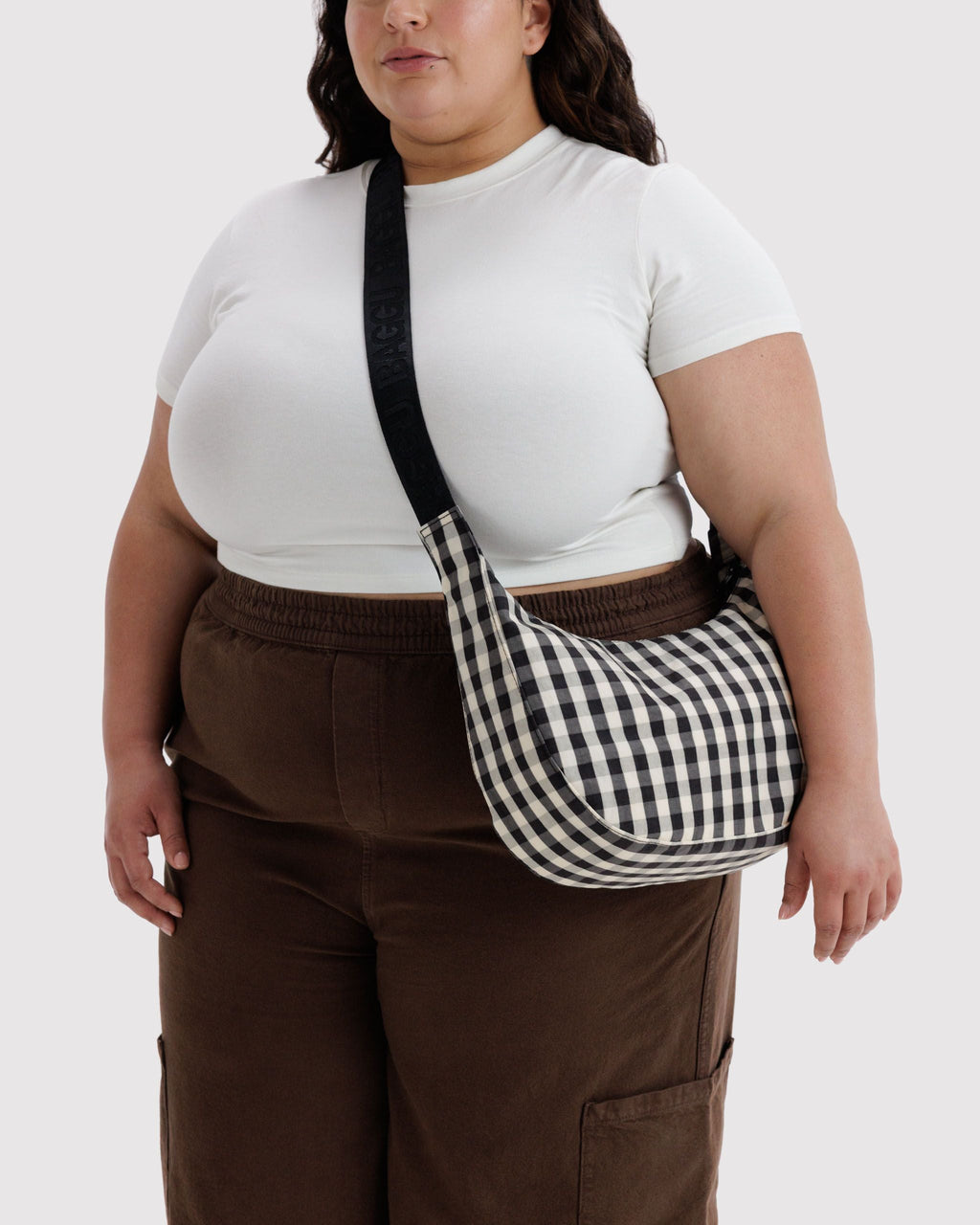 Medium Nylon Crescent Bag in Black and Cream Gingham