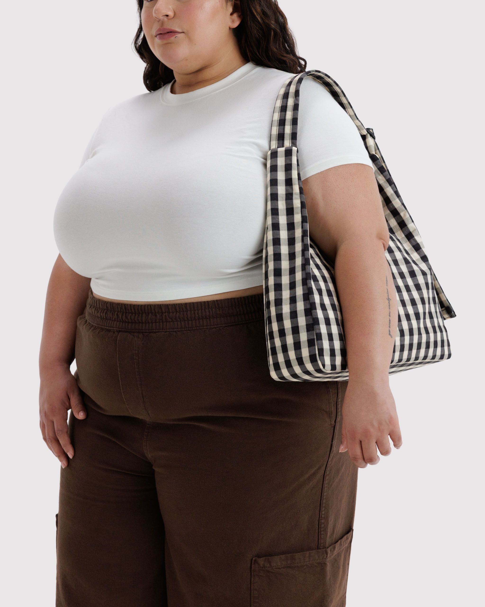 Nylon Shoulder Bag in Black and Cream Gingham