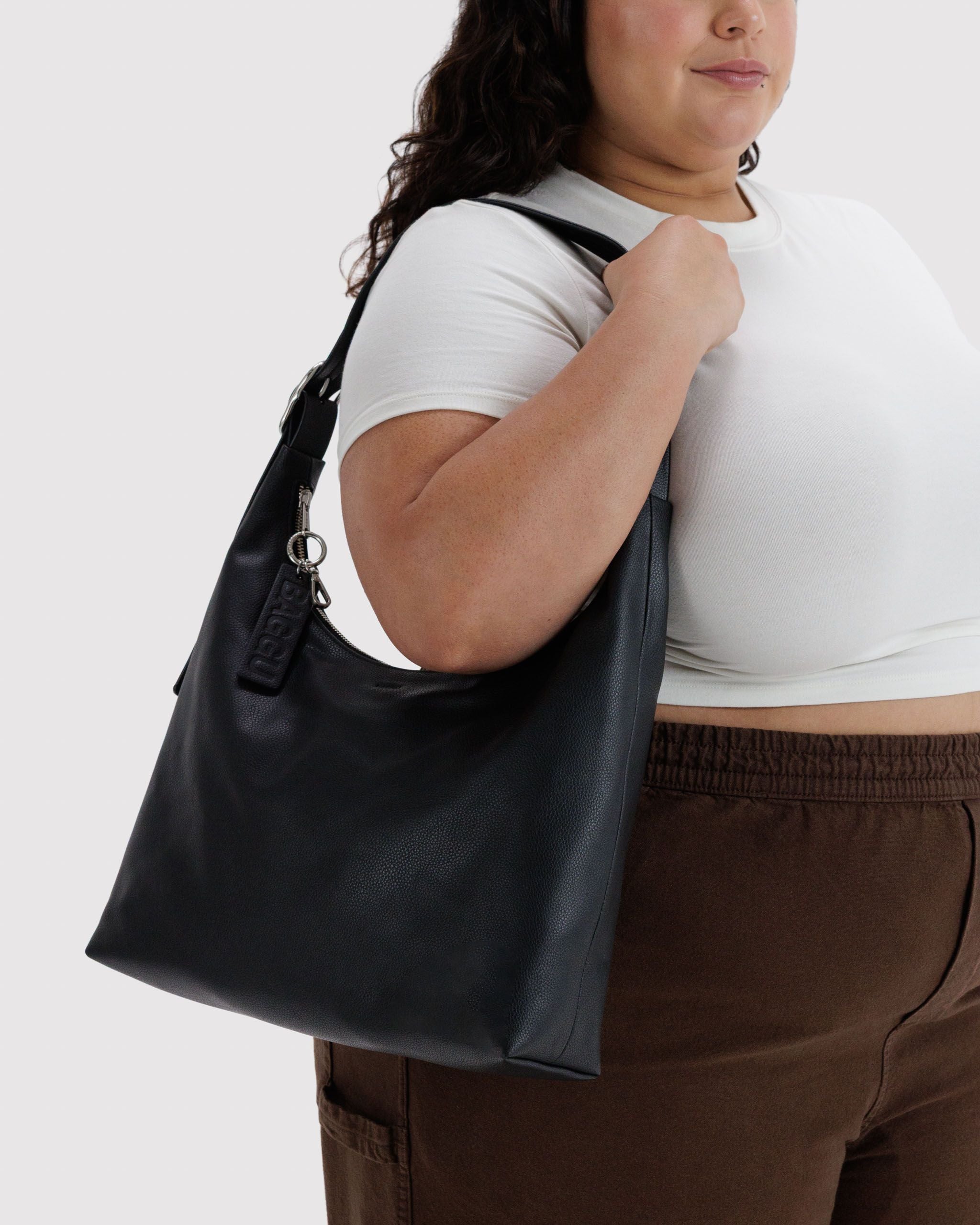 Recycled Leather Shoulder Bag in Black - Hands Free Everyday Carry
